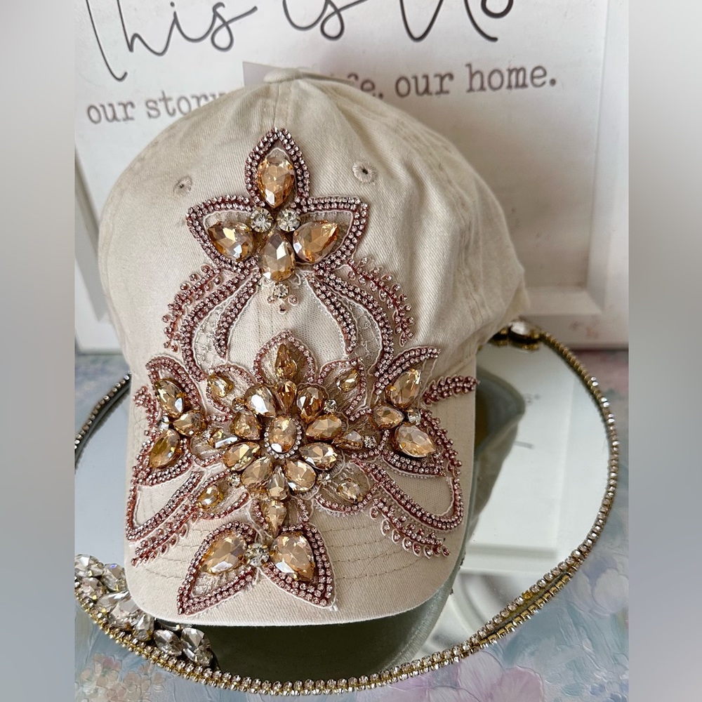 Handmade Embellished  Beige  Cap